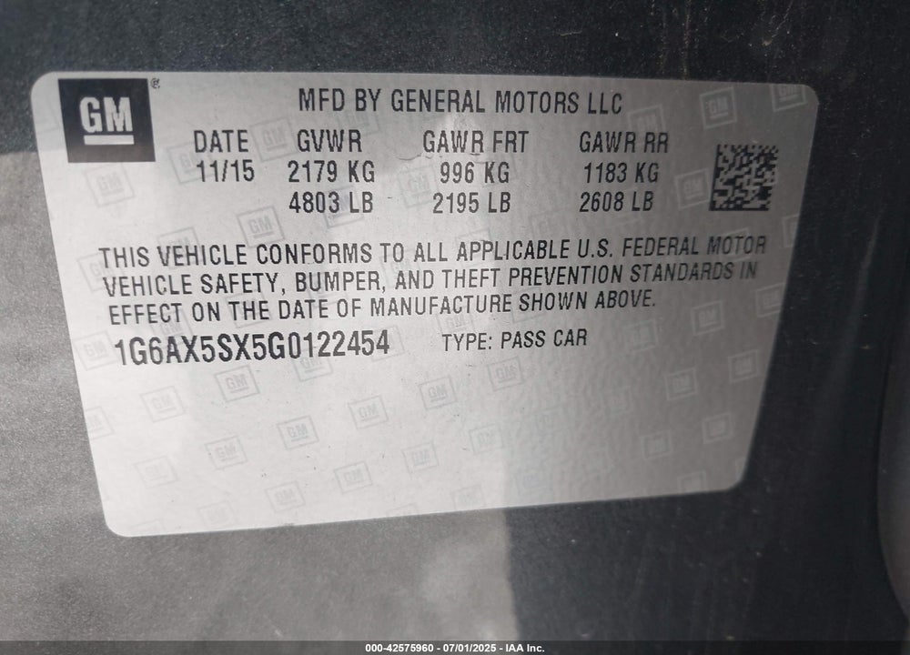 2016 CADILLAC CTS VIN: 1G6AX5SX5G0122454