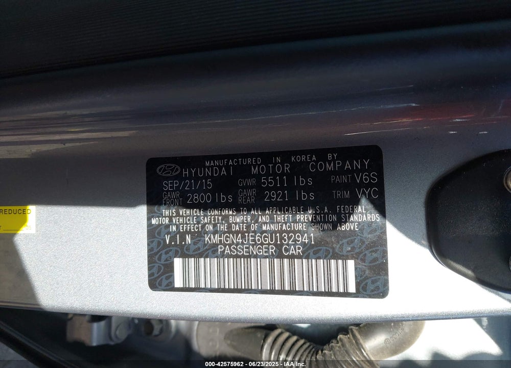 2016 HYUNDAI GENESIS 3.8 VIN: KMHGN4JE6GU132941