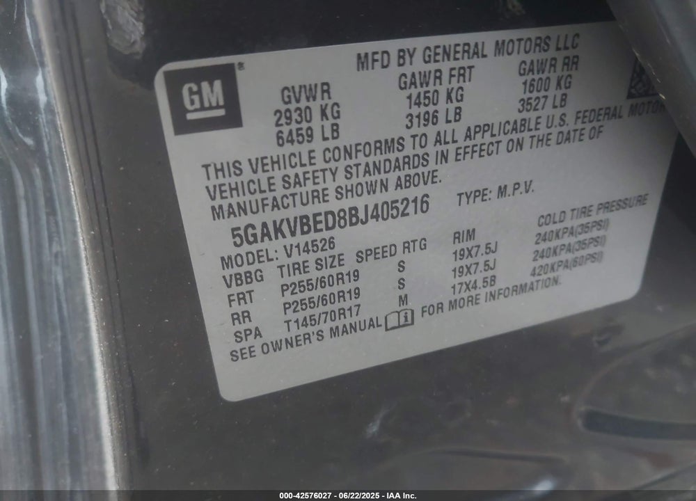 2011 BUICK ENCLAVE 1XL VIN: 5GAKVBED8BJ405216