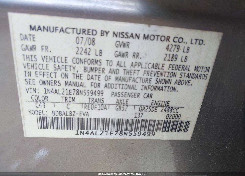 2008 NISSAN ALTIMA VIN: 1N4AL21E78N559499