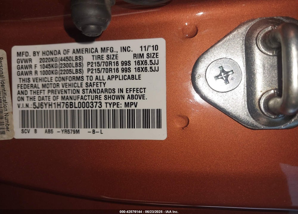 2011 HONDA ELEMENT EX VIN: 5J6YH1H76BL000373
