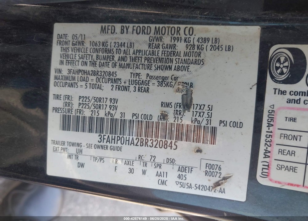 2011 FORD FUSION VIN: 3FAHP0HA2BR320845