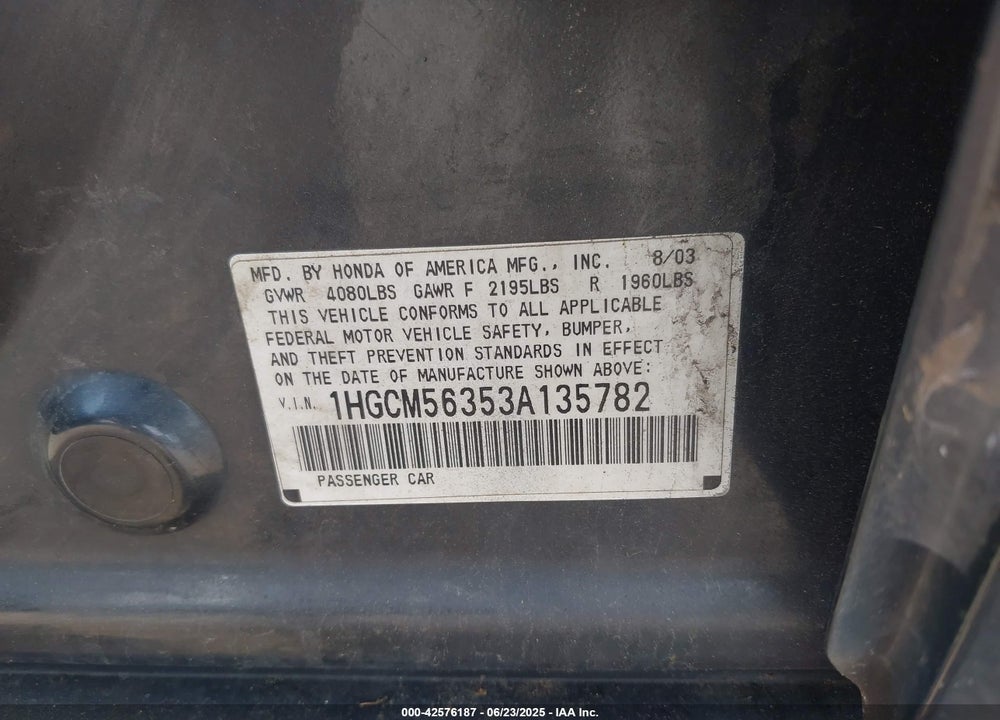 2003 HONDA ACCORD 2.4 LX VIN: 1HGCM56353A135782