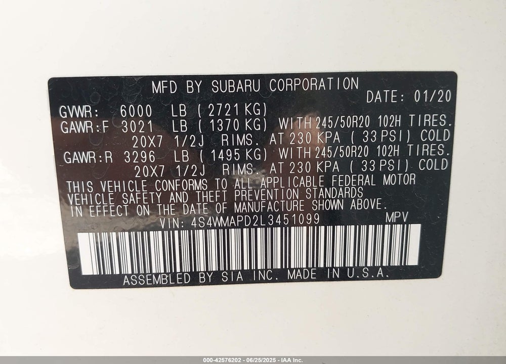 2020 SUBARU ASCENT VIN: 4S4WMAPD2L3451099