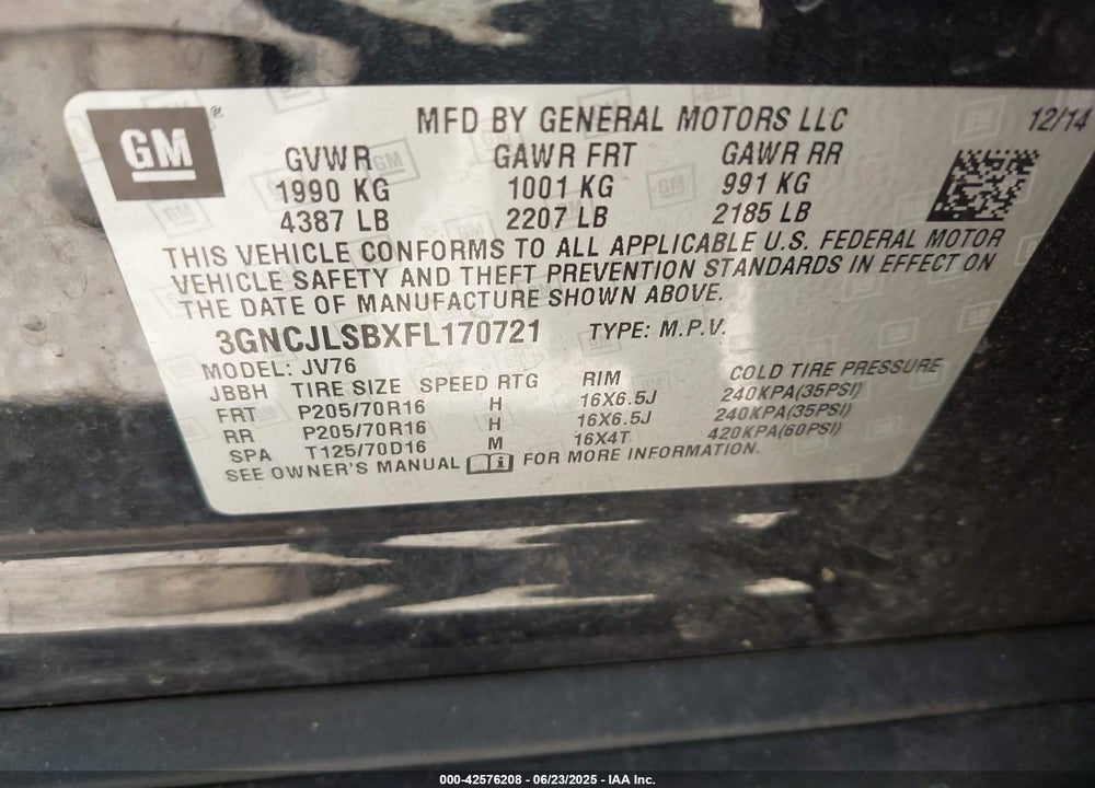 2015 CHEVROLET TRAX LT VIN: 3GNCJLSBXFL170721