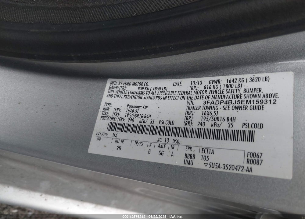 2014 FORD FIESTA VIN: 3FADP4BJ5EM159312