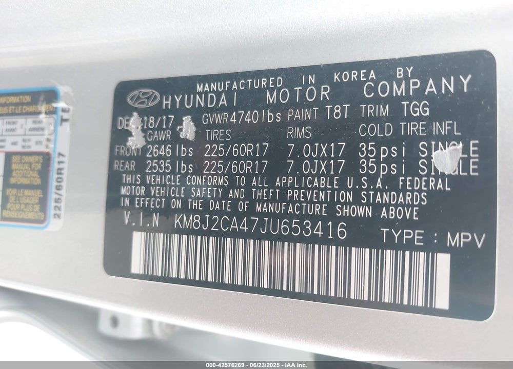 2018 HYUNDAI TUCSON SE VIN: KM8J2CA47JU653416