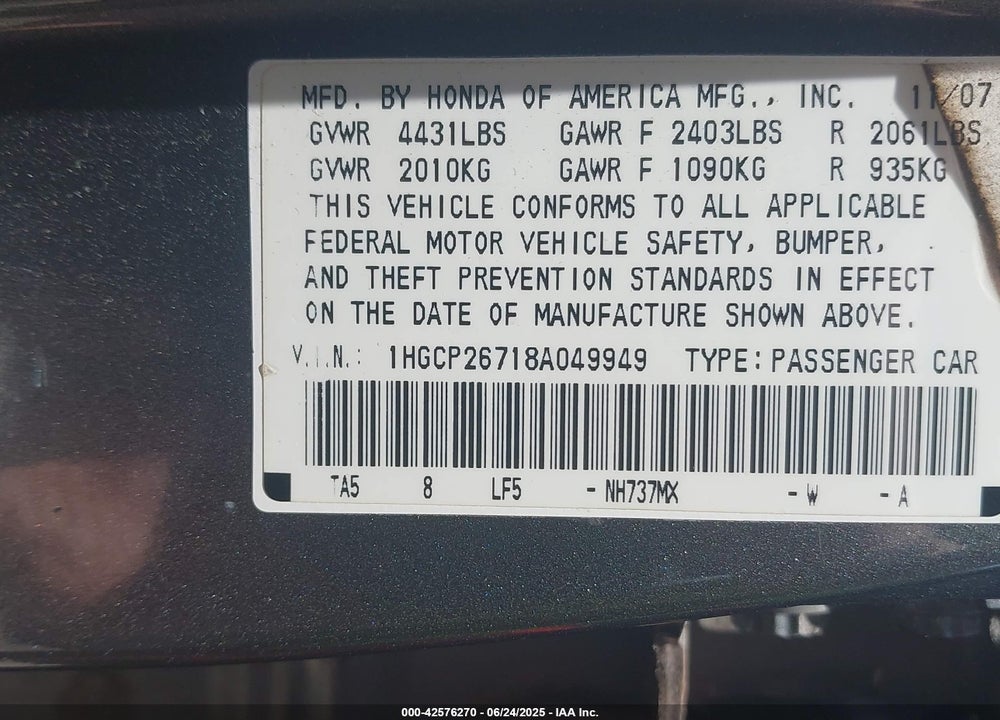 2008 HONDA ACCORD 2.4 EX VIN: 1HGCP26718A049949
