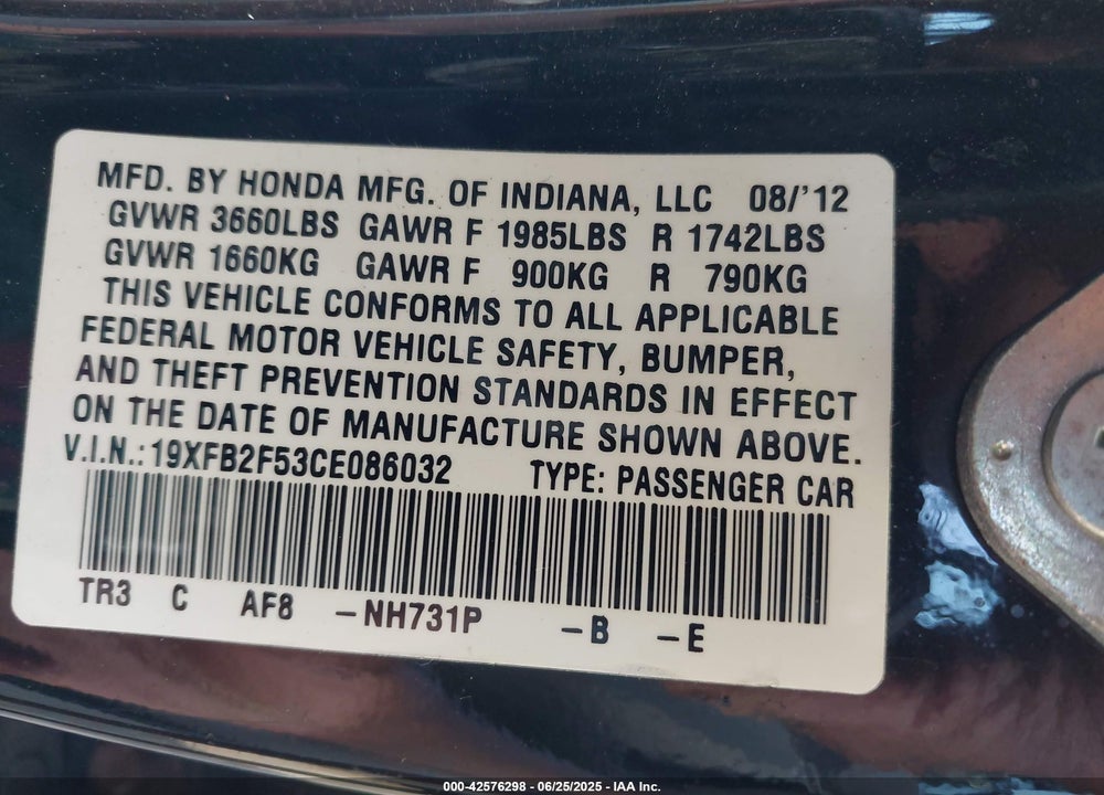 2012 HONDA CIVIC VIN: 19XFB2F53CE086032