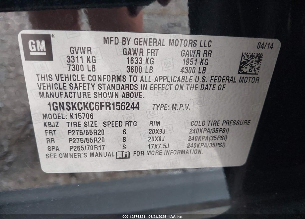 2015 CHEVROLET TAHOE VIN: 1GNSKCKC6FR156244