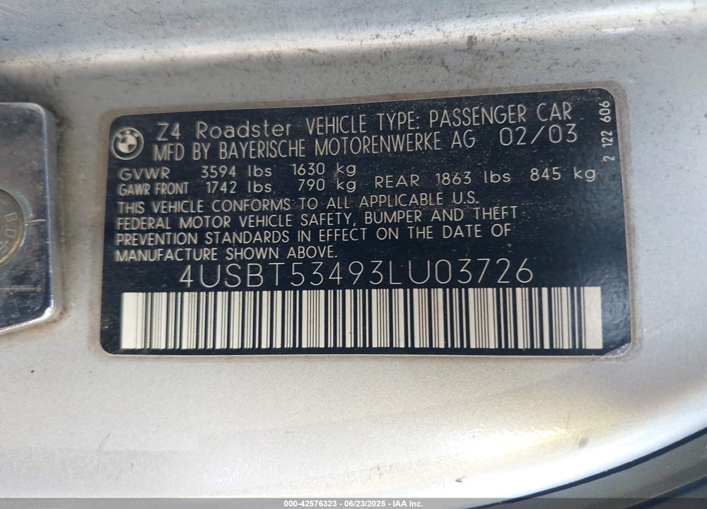 2003 BMW Z4 3.0I VIN: 4USBT53493LU03726