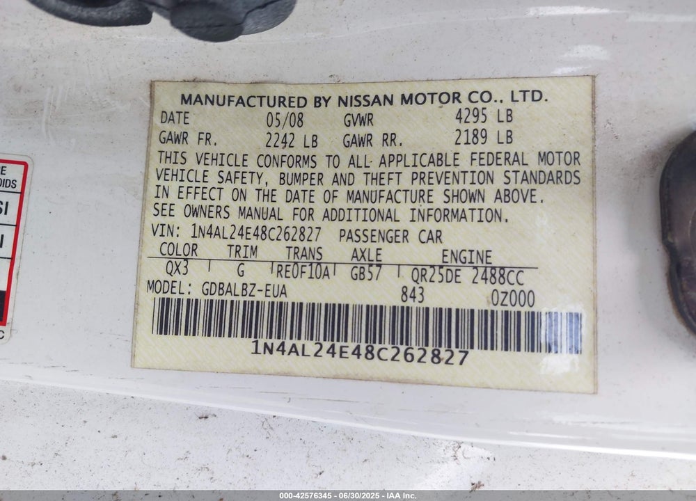 2008 NISSAN ALTIMA 2.5 S VIN: 1N4AL24E48C262827
