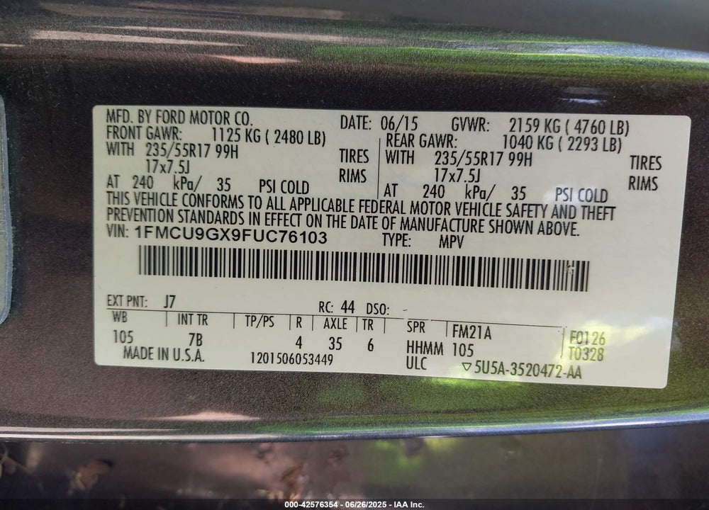2015 FORD ESCAPE VIN: 1FMCU9GX9FUC76103