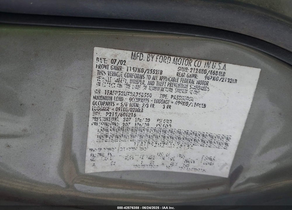 2002 FORD TAURUS LX VIN: 1FAFP52UX2A258550