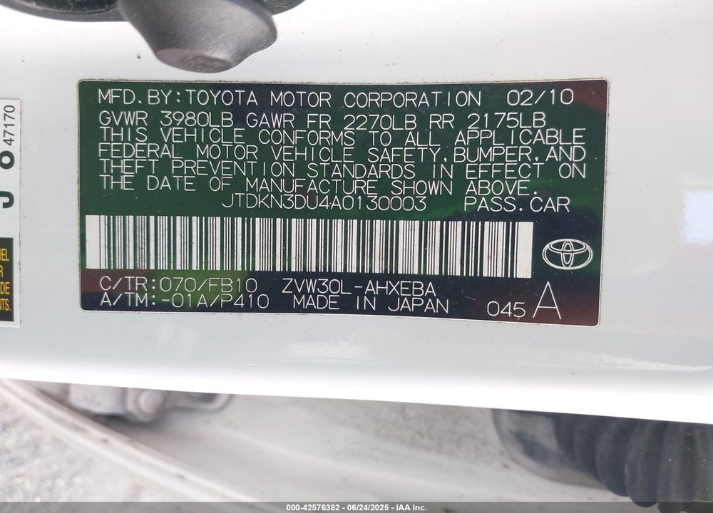 2010 TOYOTA PRIUS II VIN: JTDKN3DU4A0130003