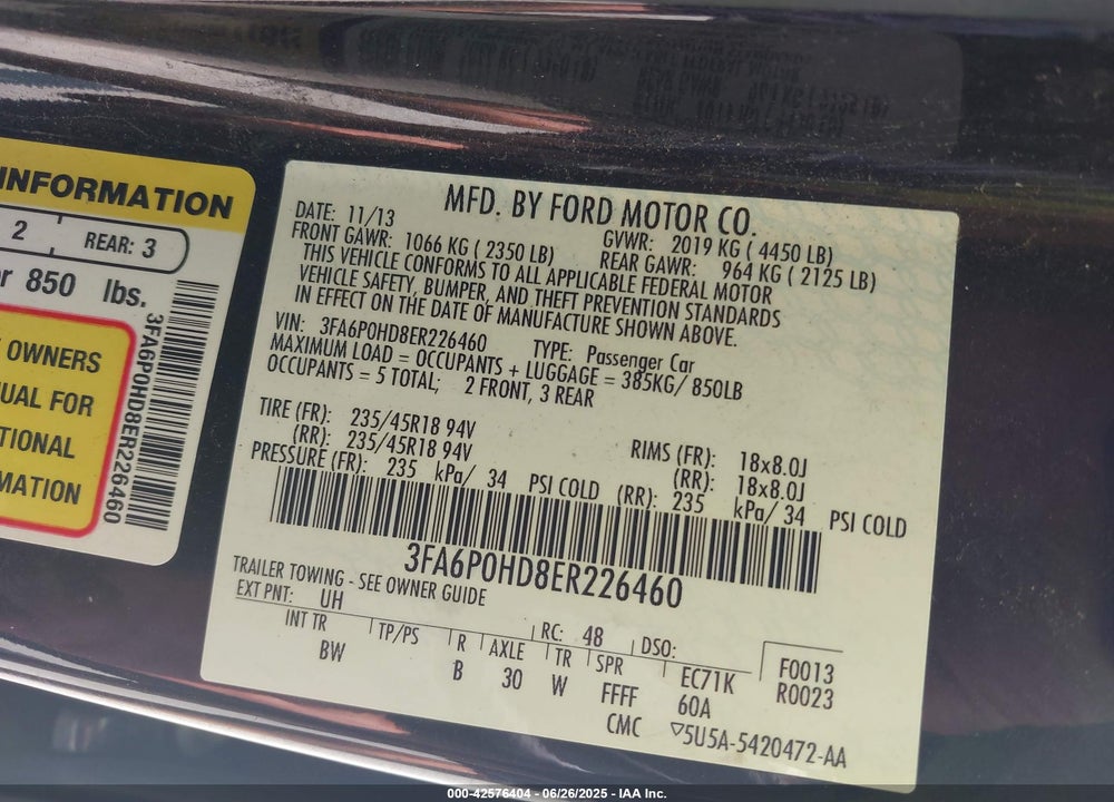 2014 FORD FUSION VIN: 3FA6P0HD8ER226460