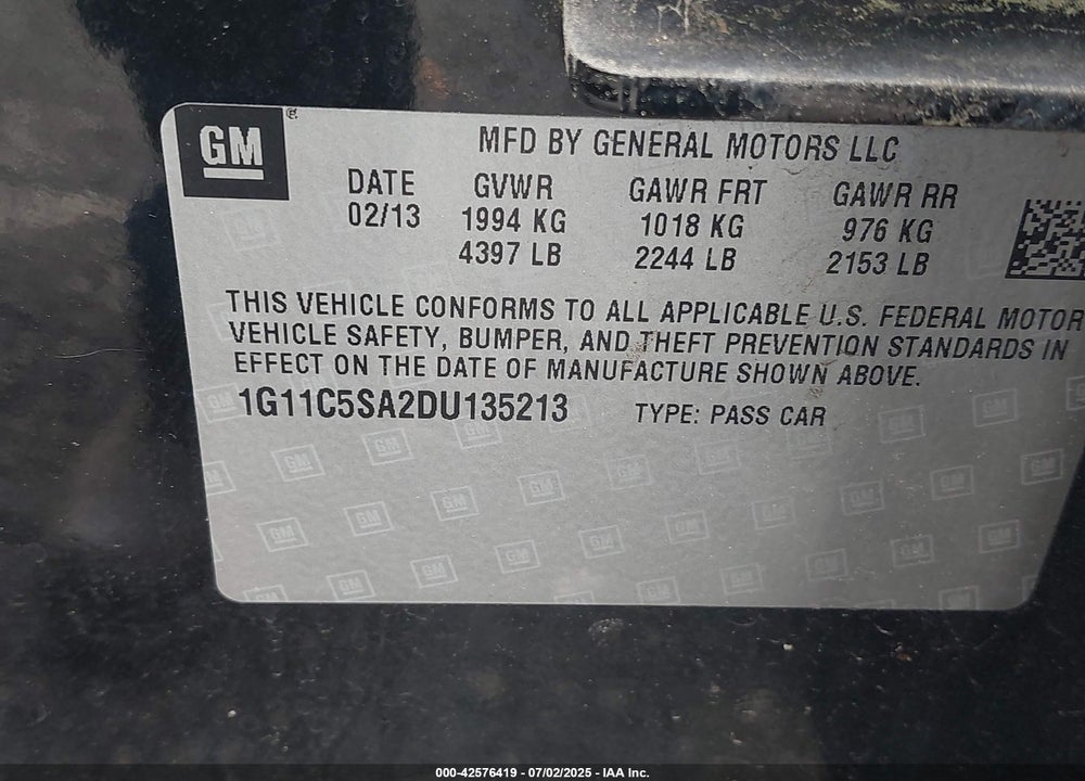 2013 CHEVROLET MALIBU VIN: 1G11C5SA2DU135213