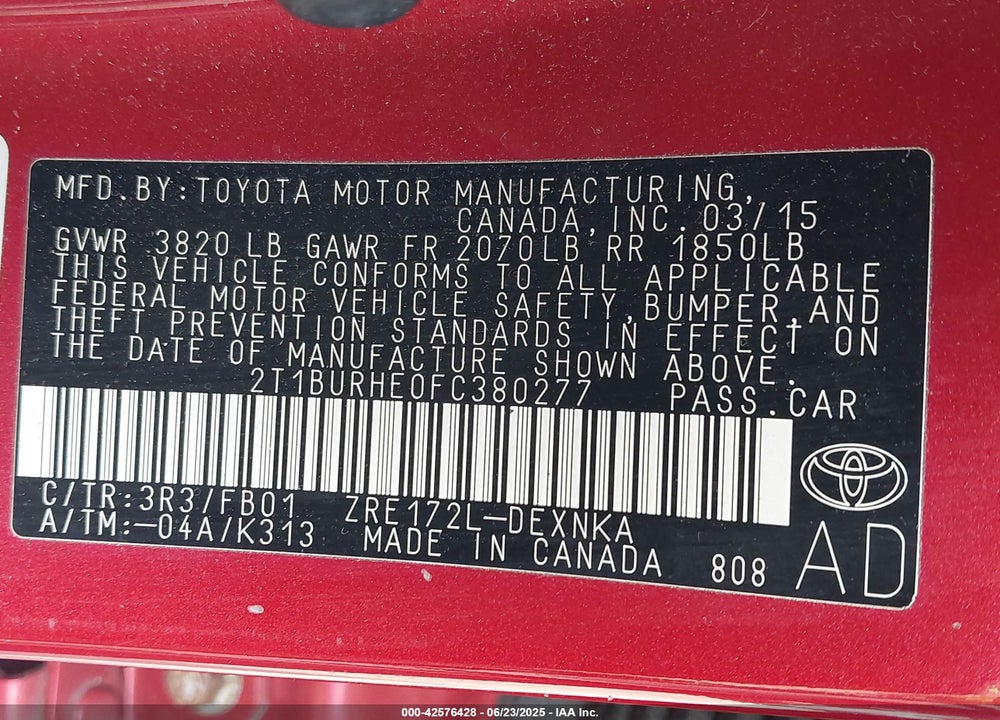 2015 TOYOTA COROLLA LE VIN: 2T1BURHE0FC380277