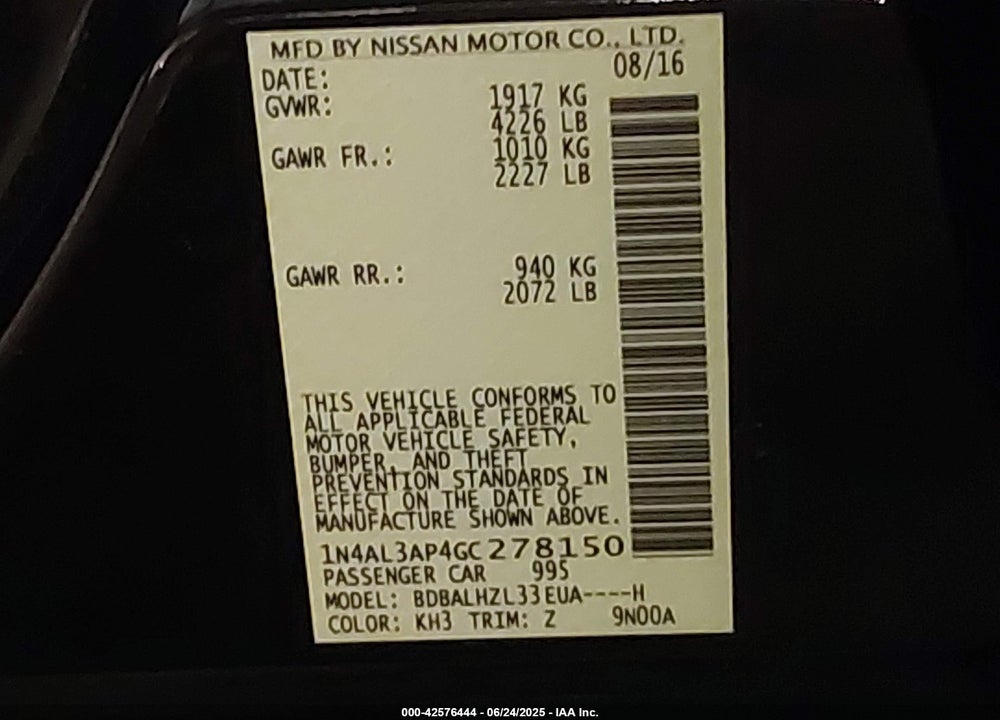2016 NISSAN ALTIMA 2.5 SR VIN: 1N4AL3AP4GC278150