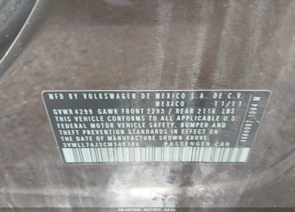 2012 VOLKSWAGEN JETTA VIN: 3VWLL7AJ3CM349740