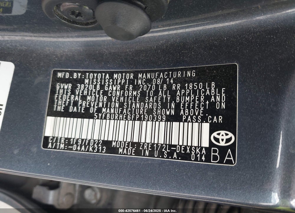 2015 TOYOTA COROLLA S PLUS VIN: 5YFBURHE6FP190399