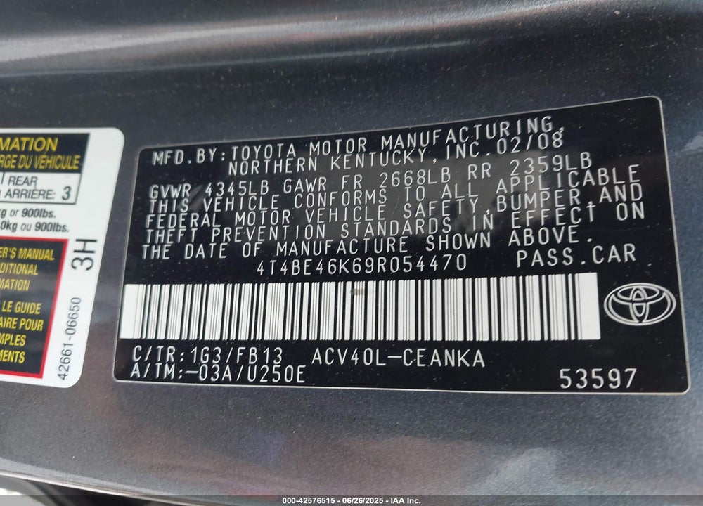 2009 TOYOTA CAMRY VIN: 4T4BE46K69R054470