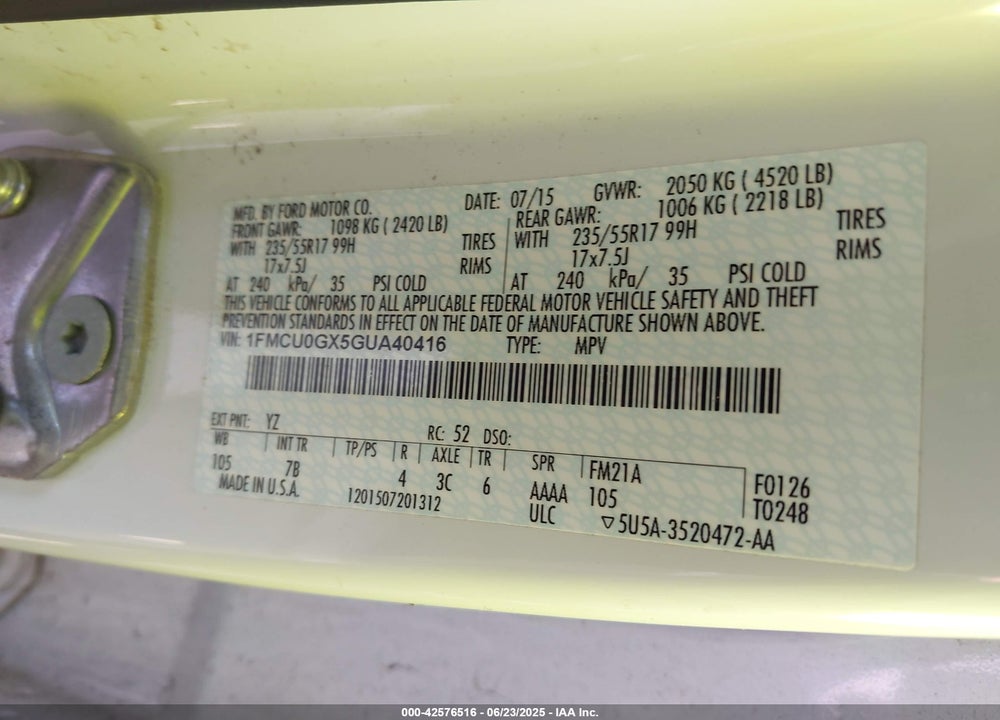 2016 FORD ESCAPE SE VIN: 1FMCU0GX5GUA40416