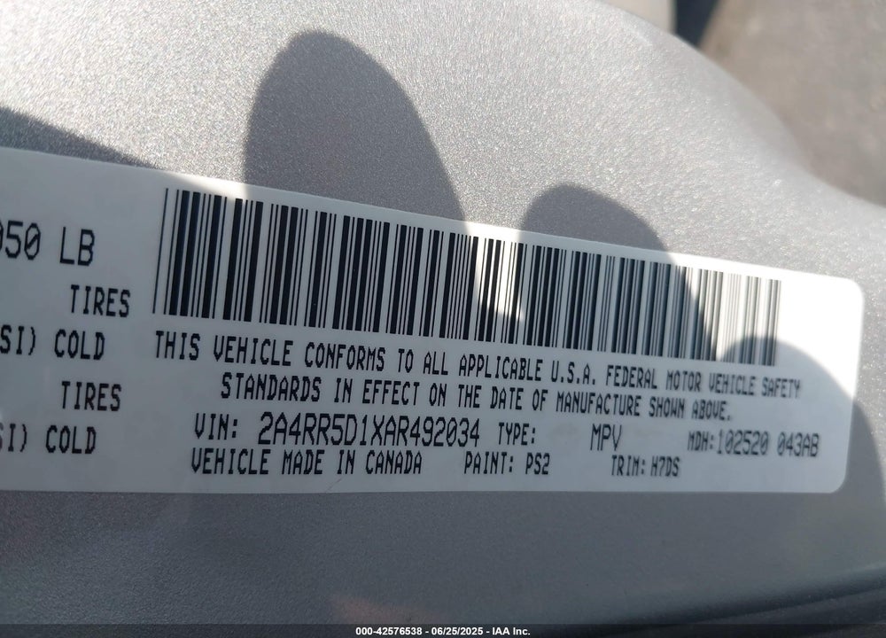 2010 CHRYSLER TOWN & COUNTRY TOURING VIN: 2A4RR5D1XAR492034