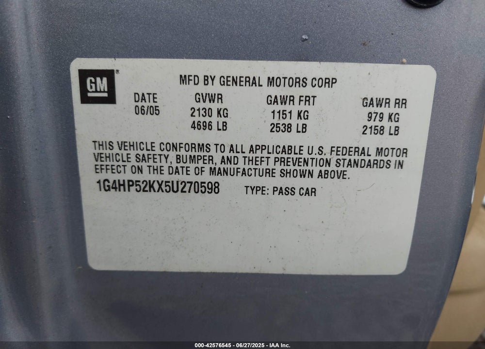 2005 BUICK LESABRE CUSTOM VIN: 1G4HP52KX5U270598