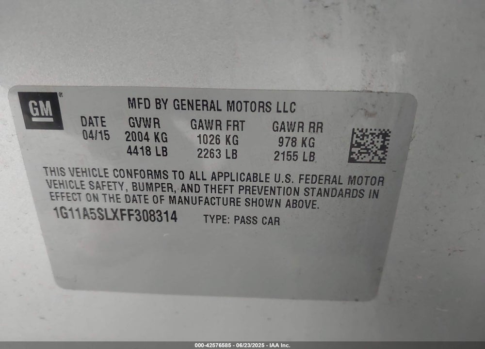 2015 CHEVROLET MALIBU 1FL VIN: 1G11A5SLXFF308314