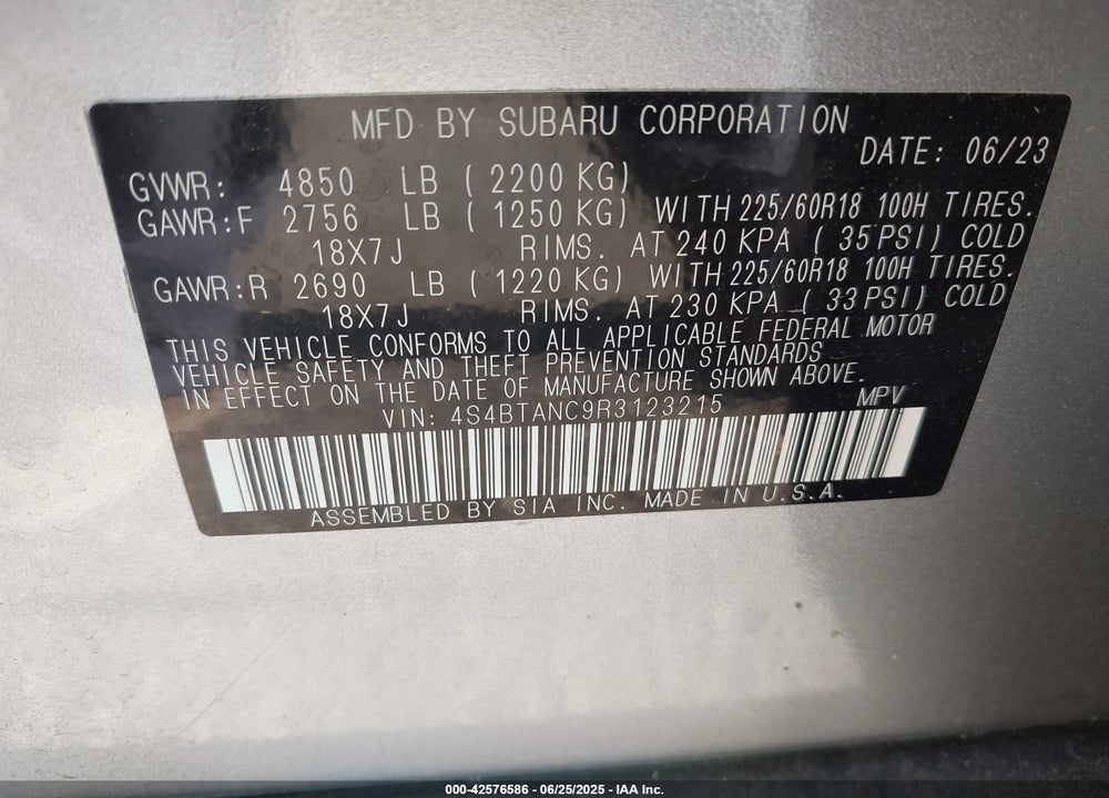 2024 SUBARU OUTBACK VIN: 4S4BTANC9R3123215