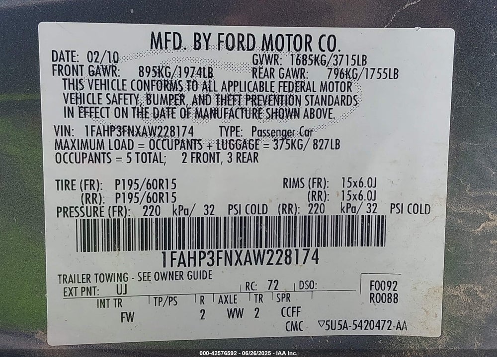 2010 FORD FOCUS VIN: 1FAHP3FNXAW228174