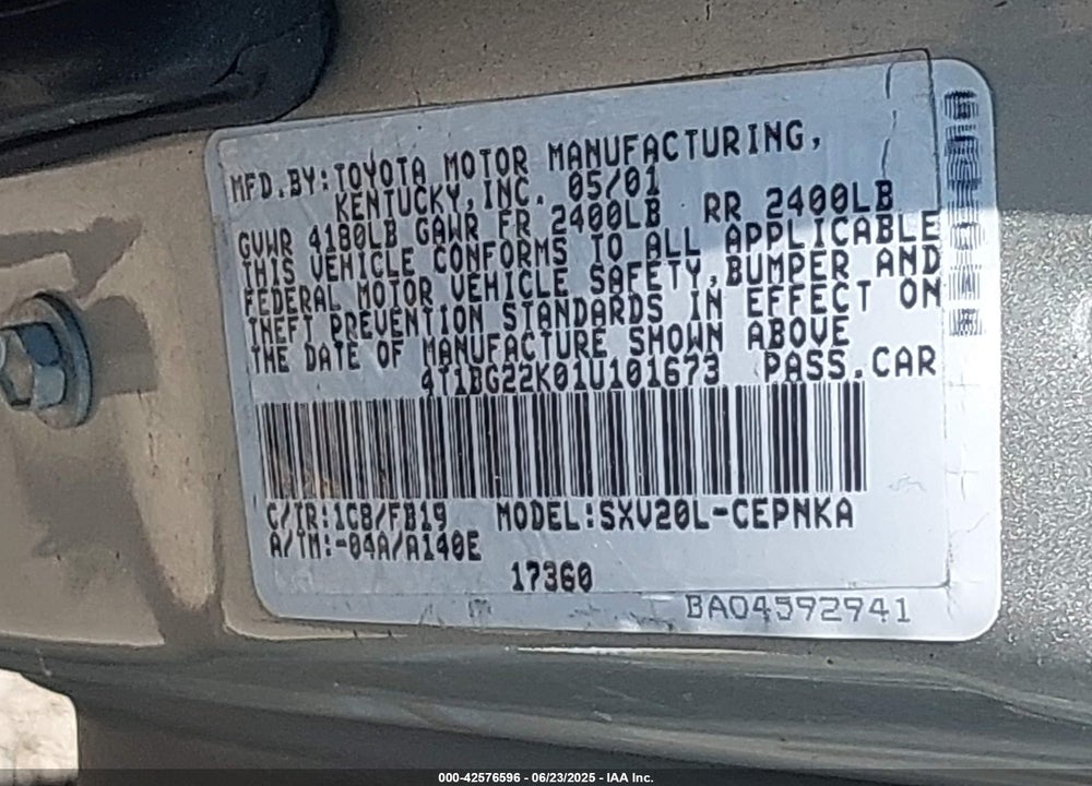 2001 TOYOTA CAMRY LE VIN: 4T1BG22K01U101673