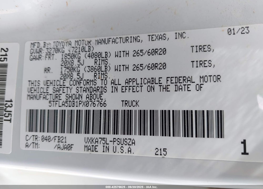 2023 TOYOTA TUNDRA VIN: 5TFLA5DB1PX076766