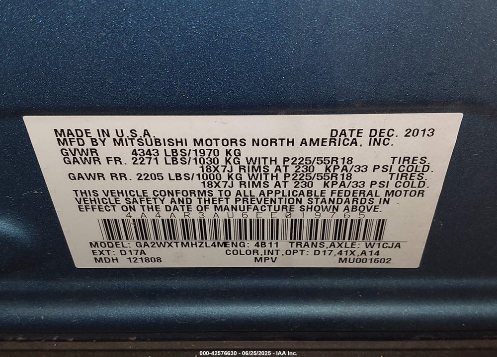 2014 MITSUBISHI OUTLANDER SPORT ES VIN: 4A4AR3AU6EE019765