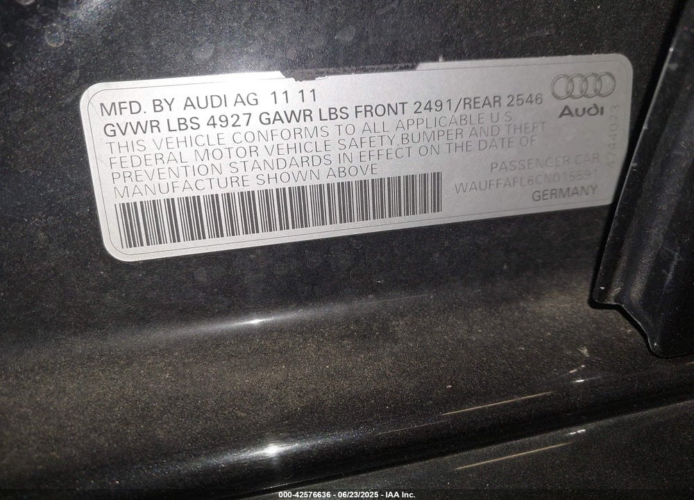 2012 AUDI A4 VIN: WAUFFAFL6CN015591