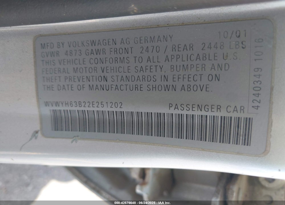 2002 VOLKSWAGEN PASSAT GLX VIN: WVWYH63B22E251202