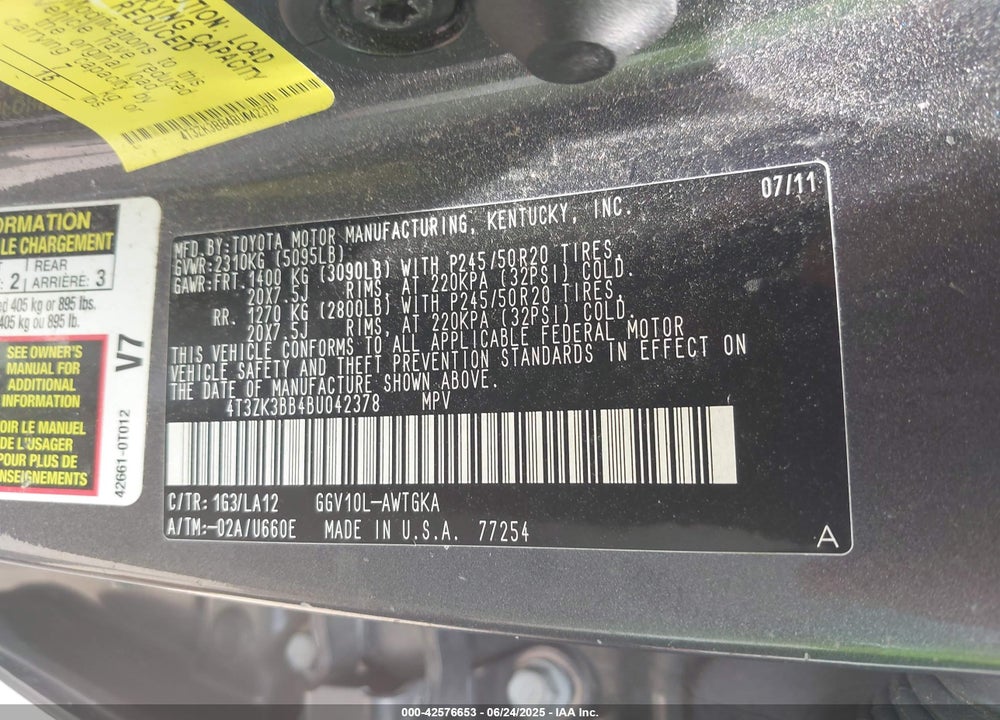 2011 TOYOTA VENZA VIN: 4T3ZK3BB4BU042378