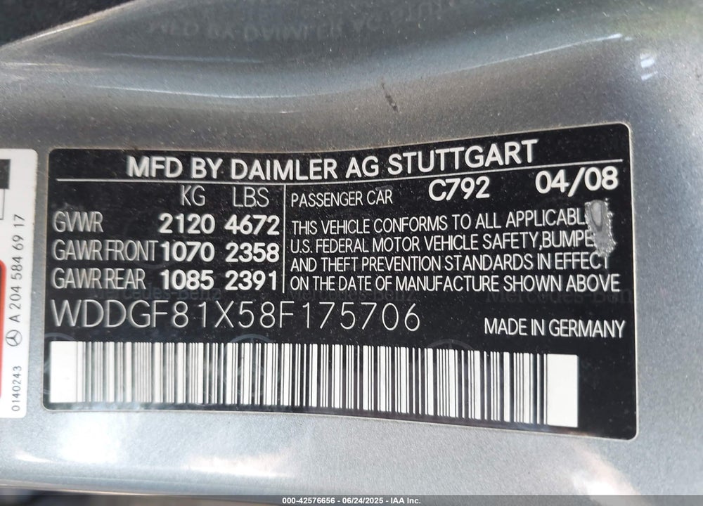 2008 MERCEDES-BENZ C CLASS VIN: WDDGF81X58F175706