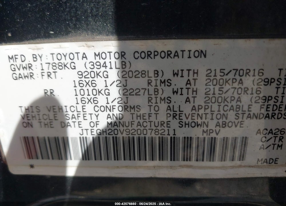 2002 TOYOTA RAV4 VIN: JTEGH20V920078211