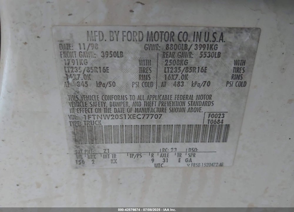 1999 FORD F-250 VIN: 1FTNW20S1XEC77707