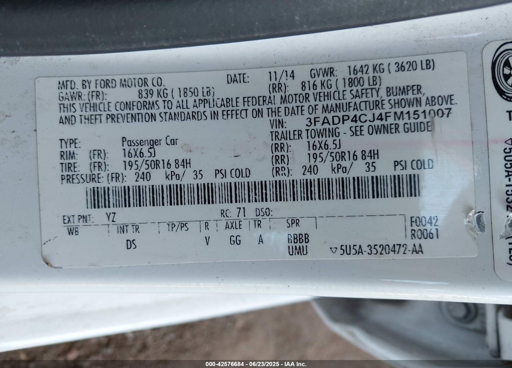 2015 FORD FIESTA TITANIUM VIN: 3FADP4CJ4FM151007