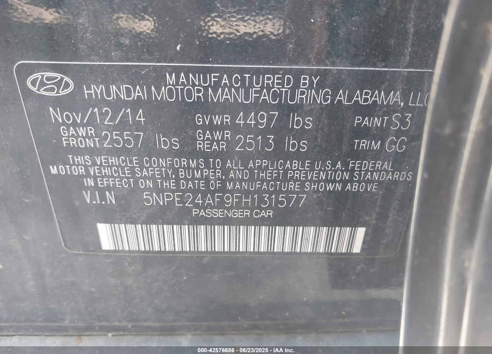 2015 HYUNDAI SONATA VIN: 5NPE24AF9FH131577