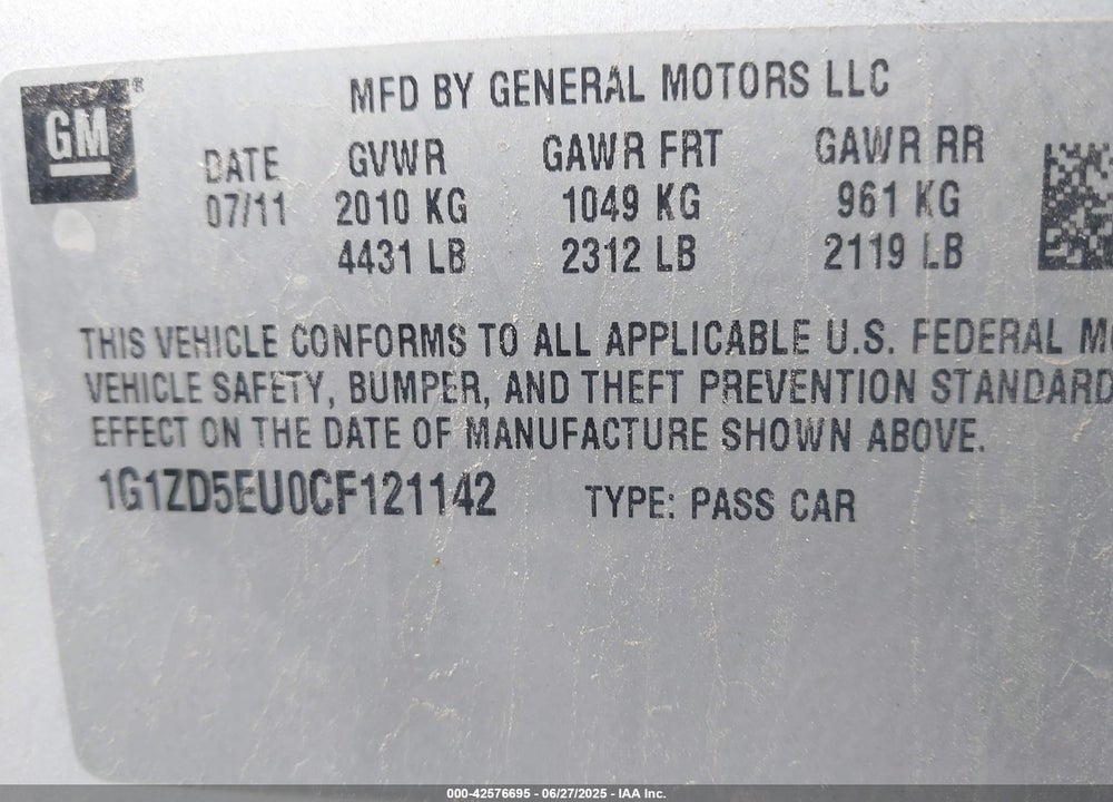 2012 CHEVROLET MALIBU VIN: 1G1ZD5EU0CF121142