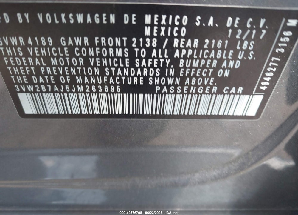 2018 VOLKSWAGEN JETTA 1.4T S VIN: 3VW2B7AJ5JM263695