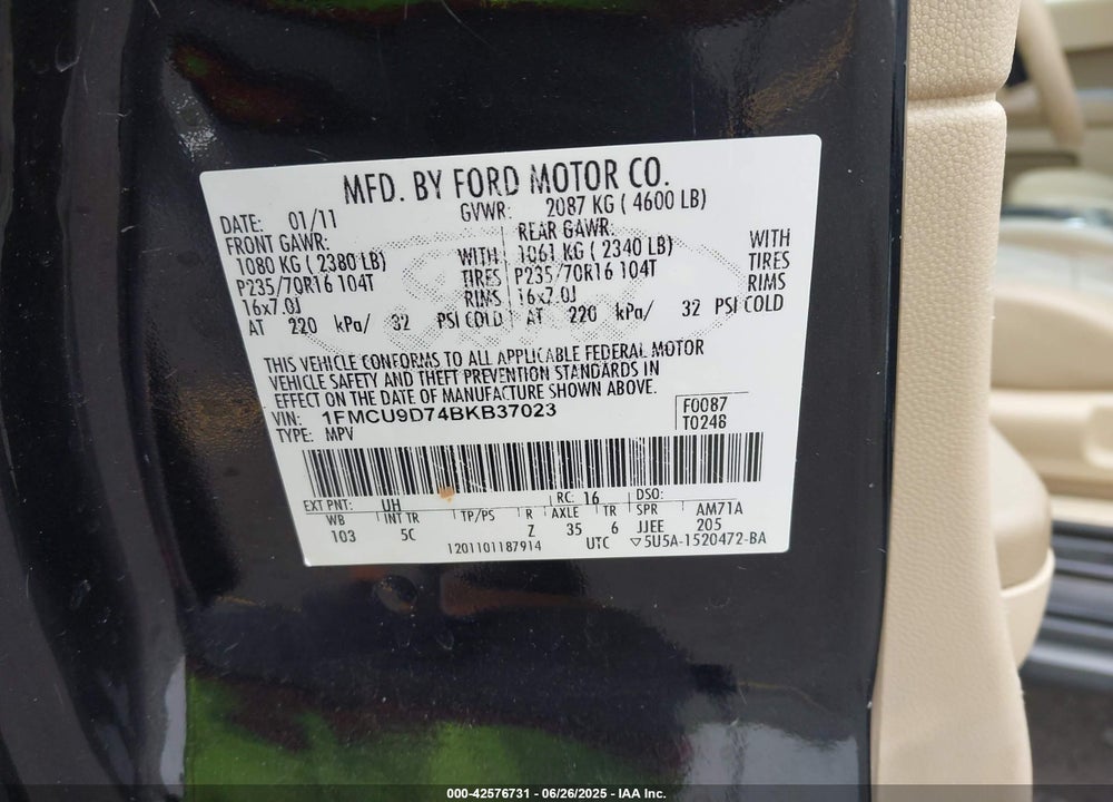 2011 FORD ESCAPE XLT VIN: 1FMCU9D74BKB37023
