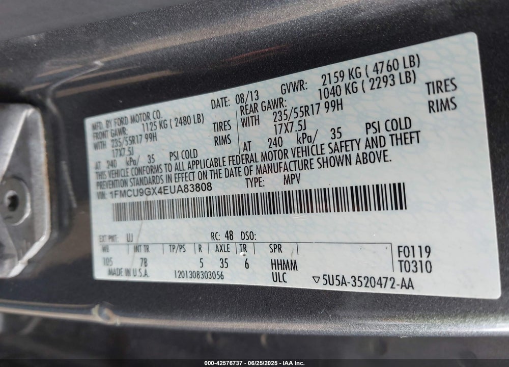 2014 FORD ESCAPE VIN: 1FMCU9GX4EUA83808