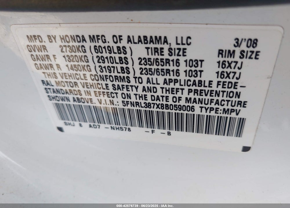2008 HONDA ODYSSEY EX-L VIN: 5FNRL387X8B059006