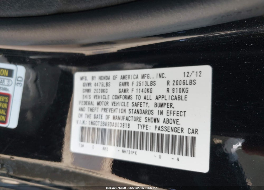 2013 HONDA ACCORD EX-L V-6 VIN: 1HGCT2B89DA003919