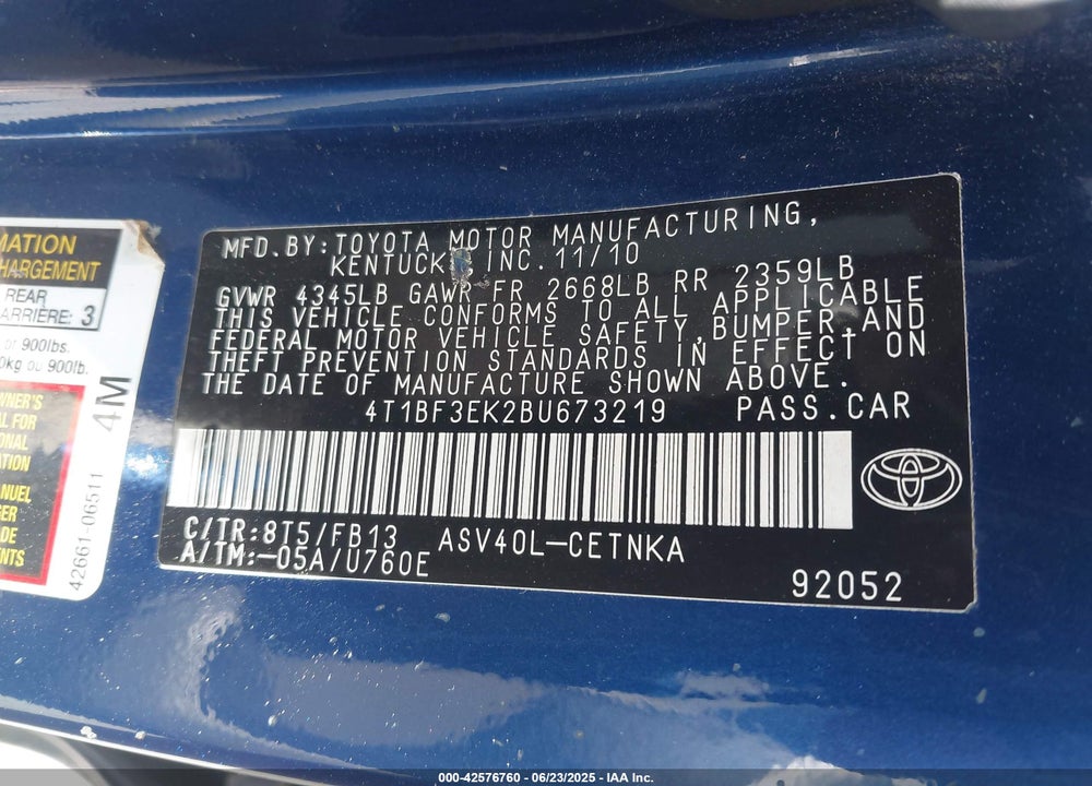 2011 TOYOTA CAMRY VIN: 4T1BF3EK2BU673219